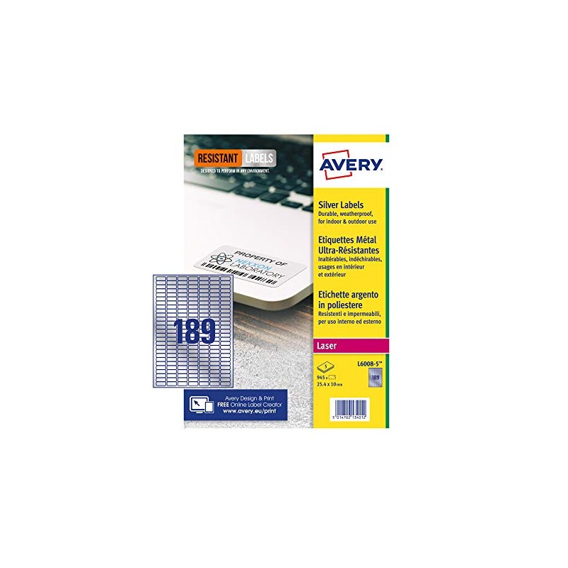 Avery L6008-5 Resistant Labels, Silver (A4 Sheet of 25 x
