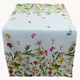 Raebel Table Runner 40 x 90 cm Tablecloth Table Cover Easter Table Decoration Spring White Colourful Flowers and Butterflies