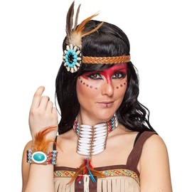 MIMIKRY Native American Jewellery Set Headband, Bracelet, Chain with Feathers and Pearls Native American
