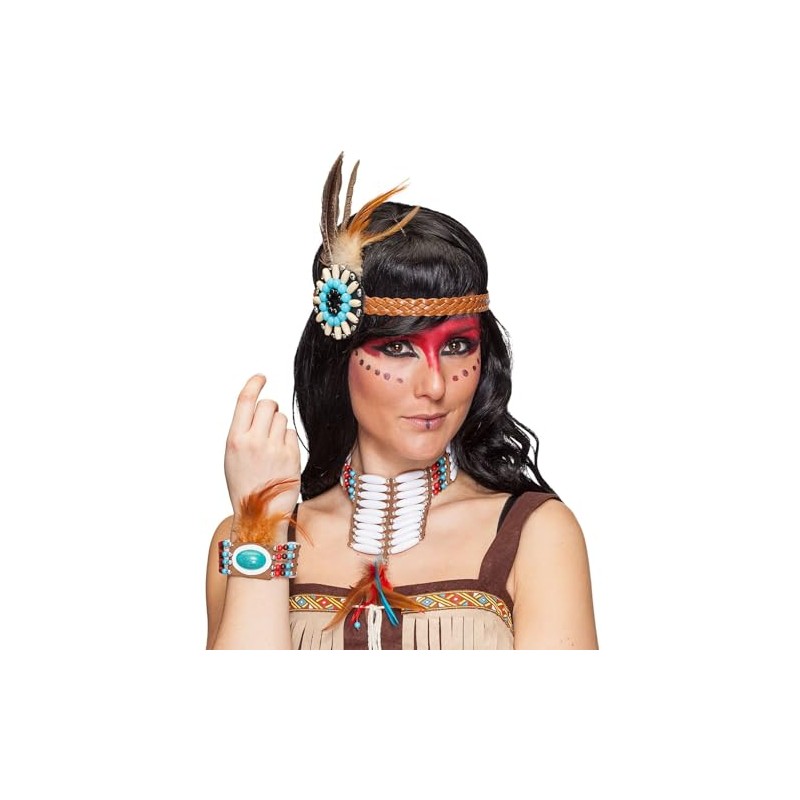 MIMIKRY Native American Jewellery Set Headband, Bracelet, Chain with Feathers