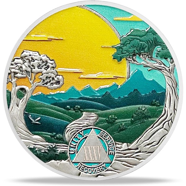 35 Years Sobriety Coin Gift | Forest Tree AA Medallion