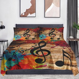 WeCozy Full Size 4 Pcs Bed Fitted Sheet Set with 14" Deep Pocket, Black Retro Woodboard Flat Sheet Set for Kids and Adults, Musical Music Disco Bedding with 2 Pillowcases
