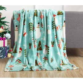 Elegant Comfort Velvet Touch Ultra Plush Christmas Holiday Printed Fleece Throw/Blanket-50 x 60inch, (Santa Snowman Teal)