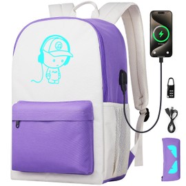 SAMIT Anime Luminous Backpack with USB Charging Port Anti Theft Lock Pencil Case Daypack Laptop Backpack (Purple)