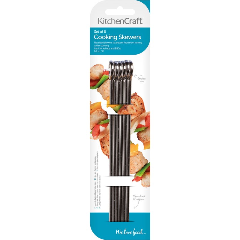 KitchenCraft Flat Kebab Skewers, Stainless Steel, Set of 6 Reusable