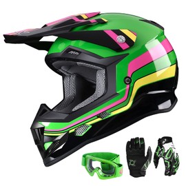 GLX GX623 DOT Kids Youth ATV Off-Road Dirt Bike Motocross MX Motorcycle Full Face Helmet Combo Gloves Goggles for Boys & Girls (Retro Green, Large)