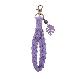 MMIUAEG Macrame Boho Keychain Bracelet with Tassels Palm Leaf Charm Handmade Wristlet Keychain Keyring Holder for Women Bohemian Braided Wrist Lanyard Keychain-Purple B