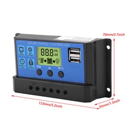 Controlador de Carga Solar PWM 12V 24V Panel USB doble Controlador de Carga Regulador Regulador Paremeter Pantalla LCD Ajustable 10/20/30A Sobrecarga Protección de Sobrecorriente con Manual(10A)