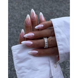 Press on Nails Medium Almond, LY LANYOS Acrylic Nails Press on Fake Nails with Glue,Gel Acrylic False Nail for Women Girls in 24 PCS (French White Pearl)