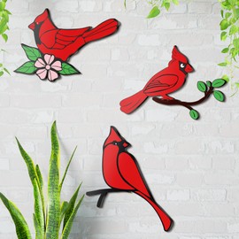 MorningRo 3 Pcs Metal Cardinal Wall Decor Red Cardinal Birds Wall Art Summer Hanging Decorations Metal Birds Sculpture Wall Art Gift for Garden Patio Balcony