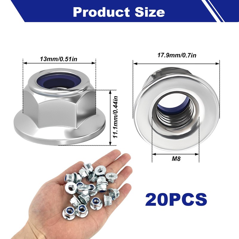 M8 Flange Nuts, 20 Pcs Stainless Steel Metric Hex Lock