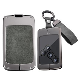 HIBEYO Key Fob Cover Compatible with Renault Clio Logan Megane Scenic Fluence Laguna Accessories Alloy Leather Key Shell Smart Remote Auto Key with Keychains-Long Keychian Gray