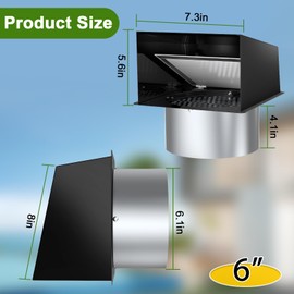 6 Inch Hooded Wall Vent, Dryer Wall Vent Cover Outside with Screen and Damper, Wall Exhaust Vent Cover, Outdoor Air Vent Cap for Range Hoods/Kitchen/Bathroom/Laundry/Basements/Garages, Black
