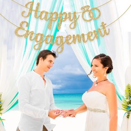 Glitter Happy Engagement Banner - 10 Feet, No DIY | Engagement Decor, Bachelorette Party Decorations (Gold)
