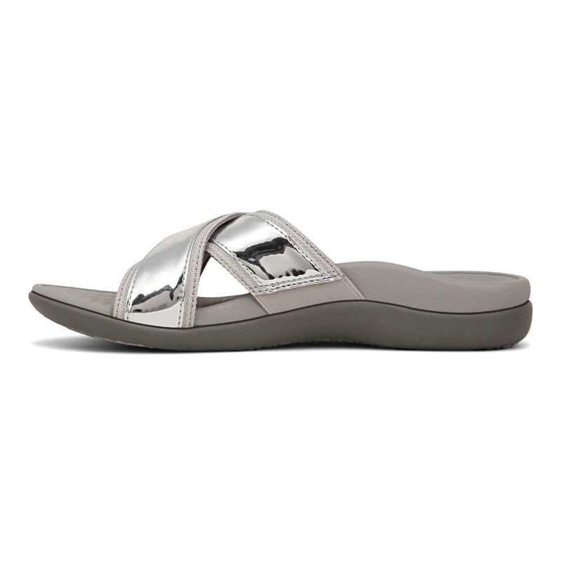 Vionic Merced Womens Cross Strap Slide Orthotic Sanda Silver -
