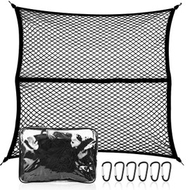 Cargo Net for Pickup, Boot Net, Car, Double Stretchy Truck Cargo Net, Load Securing Net with 6 Steel Carabiners + 4 ABS Hooks, 1.2 x 1.2 m Stretches up to 2.3 m x 2.3 m, for ATV, SUV, UTV, Boats