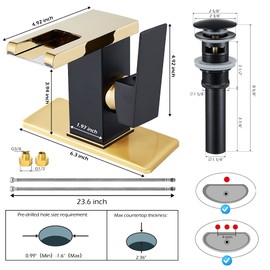 Bathroom Faucet Single Hole Handle LED Waterfall Open Spout Black&Golden Modern Brass Sink Vanity Faucets 3 Hole 4 Inch Basin Lavatory with Pop Up Drain Stopper Overflow Deck Mount Plate