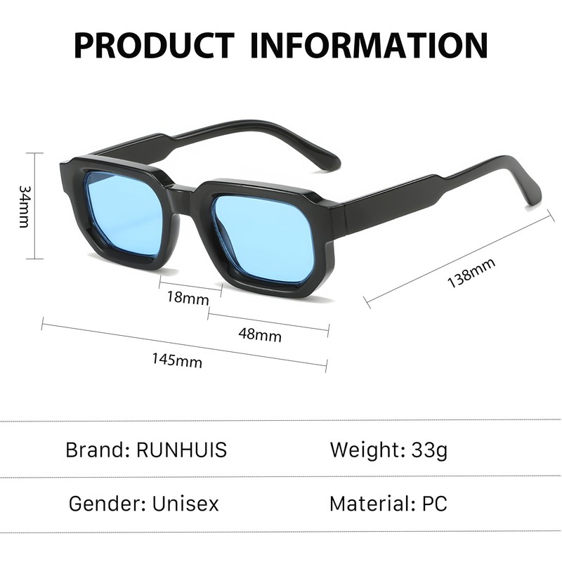 RUNHUIS Vintage Rectangle Sunglasses Women Men Retro Small Square Chunky