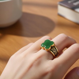 THJEW Vintage Lucky Four-Leaf Clover Natural Aventurine Jade Ring, 18K Gold Plated, Celtic Swirl Engraving, Unisex Gothic Retro Statement Jewelry, Gift (Celtic Knot_A, 8)