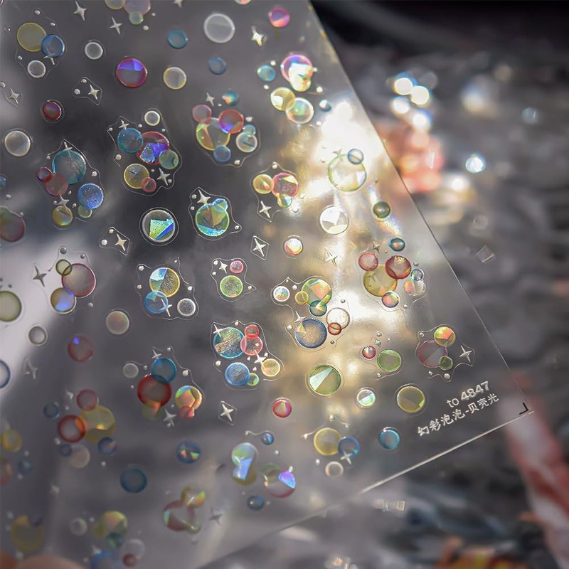 Laser Aurora Shell Soap Bubble Nail Stickers Flash Light Water