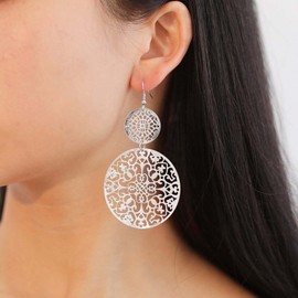 Yienate Filigree Hollow Disc Dangle Drop Earrings Boho Silver Ethnic Carved Flower Earrings Double Round Disc Drop Earrings Statement Hook Earrings Wedding Bridesmaid Jewelry for Women and Girls