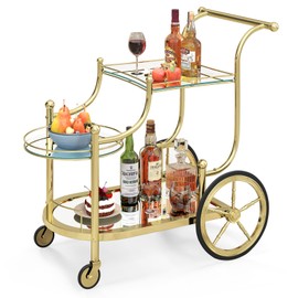 CHEFJOY Vintage Bar Cart with Wheels, Wine Cart with 3-Tier Tempered Glass Shelves, Beverage Cart for Hotel, Club, Home Bar & Serving Carts for Kitchen, Dining Room, Living Room, Outdoor (Gold)