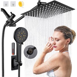 Shower Head, 10'' High Pressure Rain Shower Head with 6 Settings/Spray Handheld Shower Head Combo, 78'' Long Hose and 11'' Extension Arm, Water Temperature Reminder (Square Black Shower Heads)