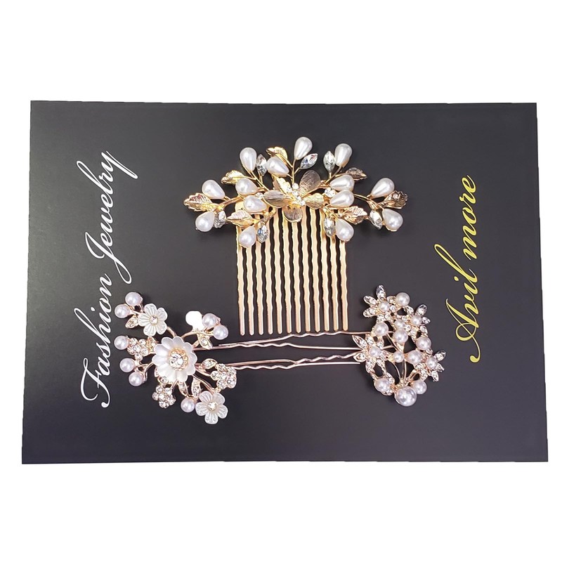 Hair Ornament, Pearl Pin, Hair Clips, 3-piece Set (Gold)