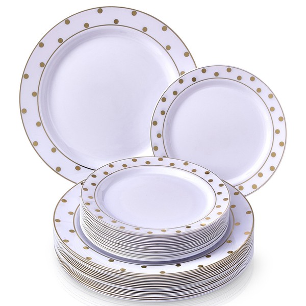 Silver Spoons Party 40 PC Dinner 20 Side Plates Disposable Dinnerware Set | Charming Dots Collection, Servings, White/Gold