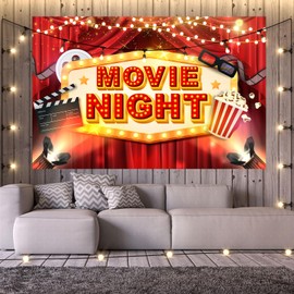 Moive Night Backdrop Happy Birthday Wall Banner, Red Carpet Movie Party Photo Background Decorations Supplies Hanging Sign, Cinema Themed Showing Hollywood Popcorn Dress-up Parties Decorations, 6x4ft
