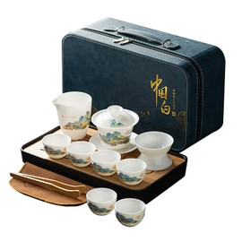 ICHAG Gongfu Tea Set, Chinese Gaiwan Tea Sets for Adults, Japanese Tea Set, 羊脂玉茶具, White Jade,Yangzhi Jade Tea Sets, 12-piece Thousand Miles Scenery (千里江山) Asian Tea Set for Home, Outdoor, Business