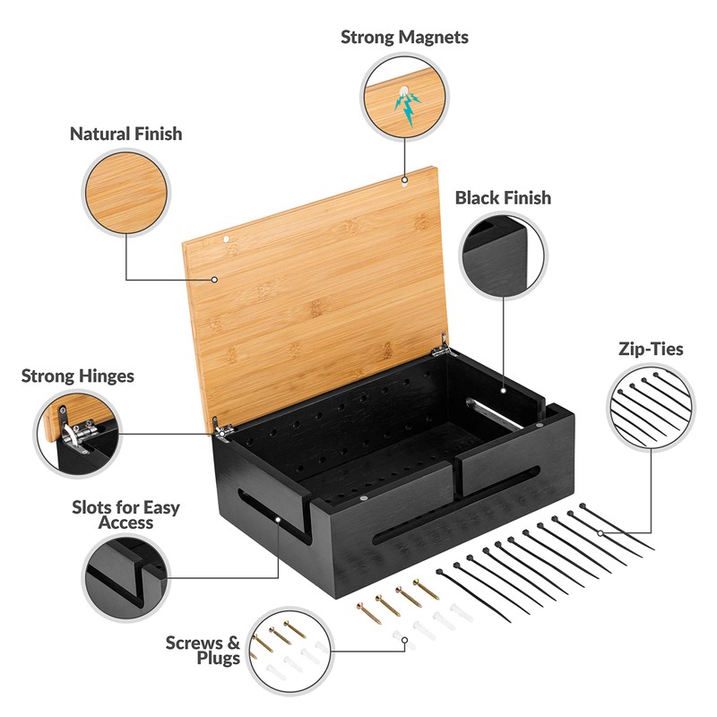 Bamboo Cable Management Box with Magnetic Lid - 12,6x7,9x4.3 in
