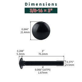 3/8-16 x 3 Black Carriage Bolts with Nuts and Washers Kits (10 Sets), 304 Stainless Steel 18/8, Black Finish, Round Head, Square Neck, Heavy Duty Bolts, Indoor Outdoor Fastening Bolts, Fayeploo