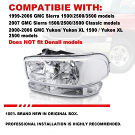 ISHARINGAUTOPARTS Headlight Assembly Compatible with 1999 2000 2001 2002 2003 2004 2005 2006 GMC Sierra 1500 + 2000-2006 GMC Yukon (Chrome Housing Clear Corner)