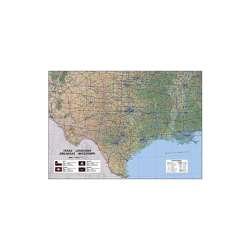 Texas, Louisiana, Arkansas & Mississippi States Physical Map - 23.3