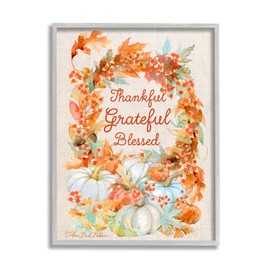 Stupell Industries Thankful Grateful Blessed Text Autumn Harvest, Design by Sherri Buck Baldwin Grey Framed Wall Art, 11 x 14, Orange
