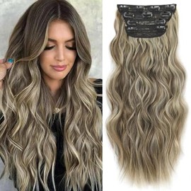 Clip in Long Wavy Synthetic Hair Extension 24 Inch 4PCS 220g Thick Hairpieces Fiber Double Weft Hair for Women (Medium Brown Ash Blonde 24")