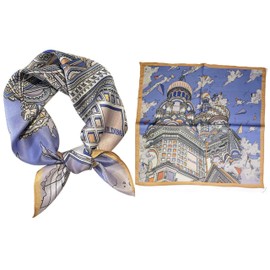 GIMIRO Imitation Silk Scarf [53 x 53 cm] Square Scarves Impressionism Pattern Vintage Scarf for Office Work or Casual Waistband, 62# I01 Yellow/Blue Castle