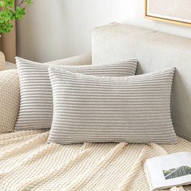 EMEMA Cushion Covers Corduroy Oblong Throw Pillow Covers Striped Soft Sham Home for Sofa Couch Bedroom Decorative Pillowcases 12x20 Inch 30x50cm Set of 2 Silver