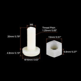 sourcing map 20 Pairs Nylon Screw Nut Assortment, M8x20mm Slotted Pan Head Screws & M8 Hex Nuts for Machinery, Electronics, White