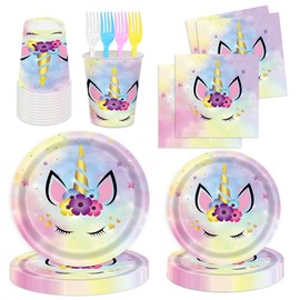 Juego de 120 piezas de vajilla para fiesta de cumpleaños, platos, tazas, servilletas y tenedores, decoraciones de fiesta de unicornio para baby shower, cumpleaños, fiestas temáticas de unicornio,