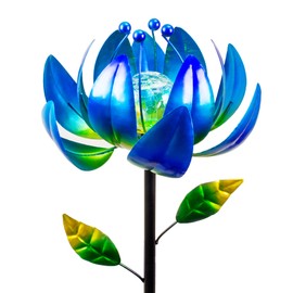Solar Wind Spinner Lights Outdoor – Blue Lotus Flower with Cracked Glass Ball & Multi-Color LEDs, 40 Inch Metal Yard Art for Garden, Patio – Solar Powered, Weather-Resistant, Gift Ready (Blue)