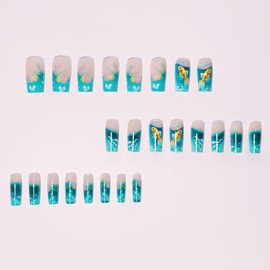 Blue Press on Nails Square Medium Fake Nails with Goldfish Designs Water Plant Bubbles French Tip Nails Summer Glossy Acrylic False Nails Full Cover Glue on Nails for Women 24Pcs