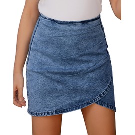 Vetinee Women's Tulip Hem Shirred Washed Casual Bodycon Short Jean Denim Skirt Reef Blue X-Large Fits Size 16 Size 18