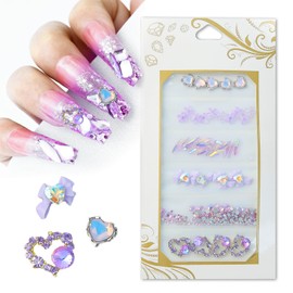 30Pcs Iridescent Purple Nail Rhinestones & Charms Kit, Sparkling 3D Crystal Nail Gems, Assorted Heart Flower Elongated Designs, MingLee Alloy Nail Accessories for DIY Acrylic Gel Nail Art