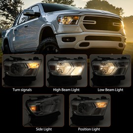 FIONE Halogen Headlights Assembly Compatible with Dodge Ram 1500 2019-2022 Replacement Headlamp with Chrome Frame Passenger Right Side RH 68316080AD 68316080AH