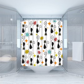 JIRGIXA Mid Century Atomic Black Cat Shower Curtain Retro Atomic Cat Starbursts Abstract Geometric Minimalist Funny Cat 1950s 60s Fabric Bathroom Decor Curtain with Hooks,White Black
