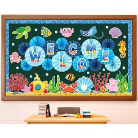 Welcome Back Bulletin Board Set with 3D Underwater World Classroom Decorations Summer Ocean Fish Animals Cutouts Paper Fans for Back to School Kindergarten Library Home Wall Window Decor Supplies