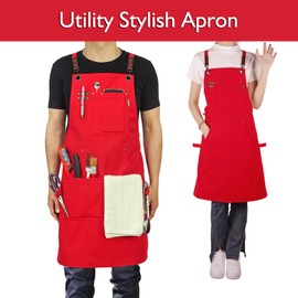 Stenffy Handmade Work Apron,Cotton Canvas,Multiple Pockets,Adjustable Cross Back Weight Apron,BBQ,Cafe,Kitchen,Painting,Carpenter,Artist Apron,Aprons for Men,Women,Sizes M to XXL,Red
