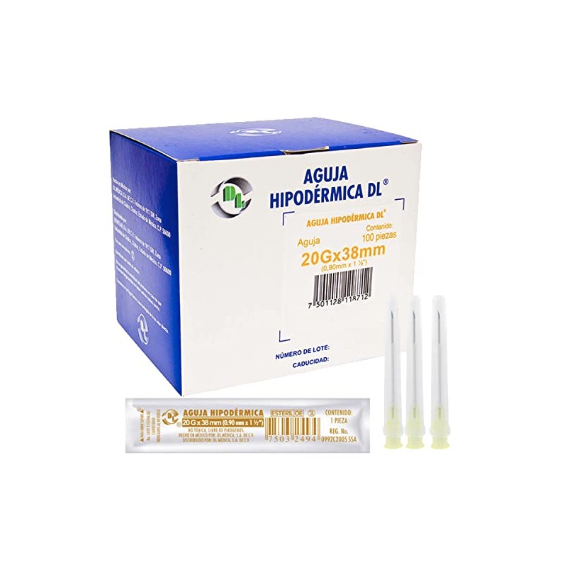 DL Caja 100 Agujas Hipodérmica Desechable Calibre 20G x 38
